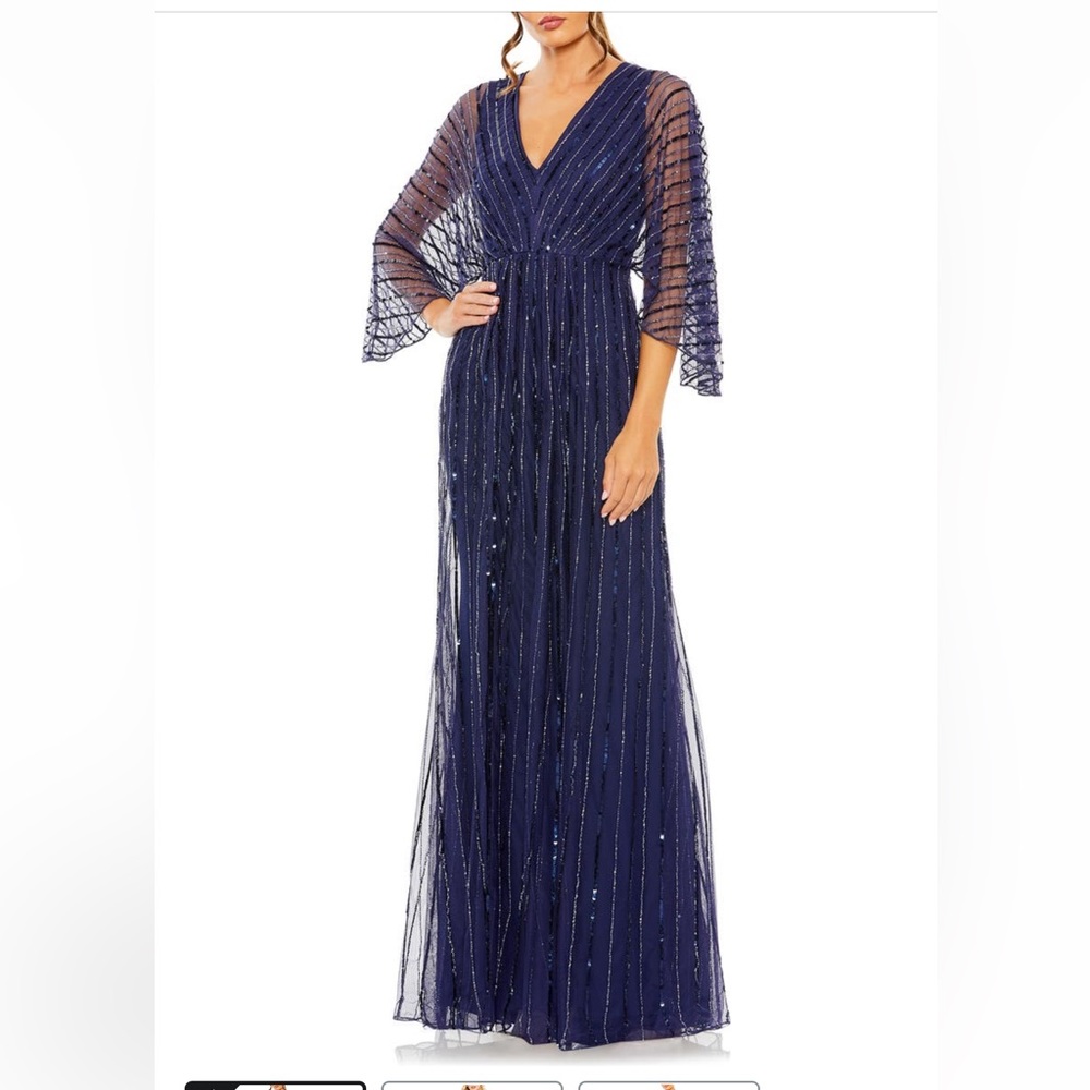 Mac Duggal Kimono Sleeve, Stripe, Sequins/ Beads Gown, Navy, Sz 16, new